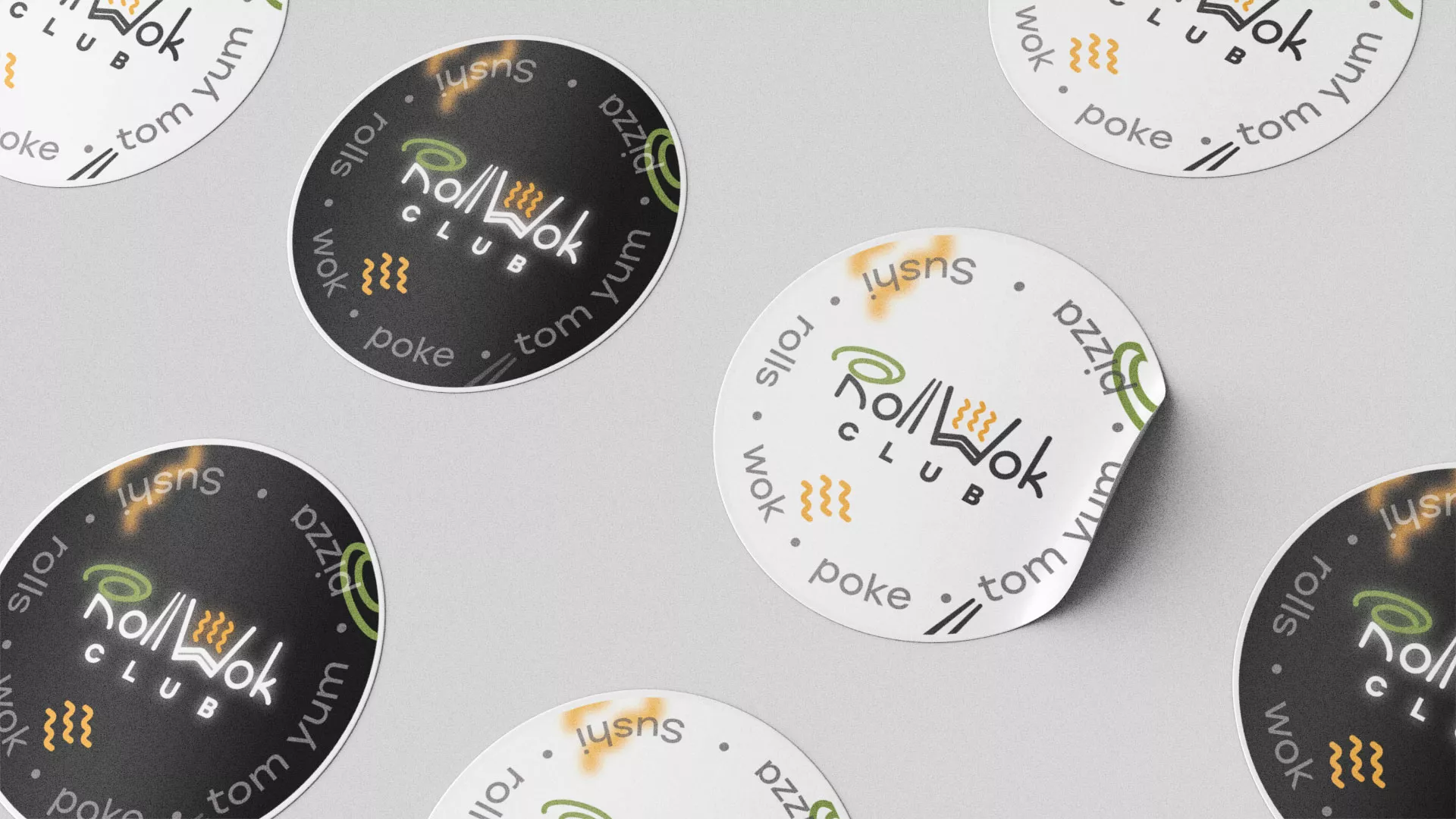 Разработка дизайна наклеек для суши-бара «Roll Wok Club» в Кировске